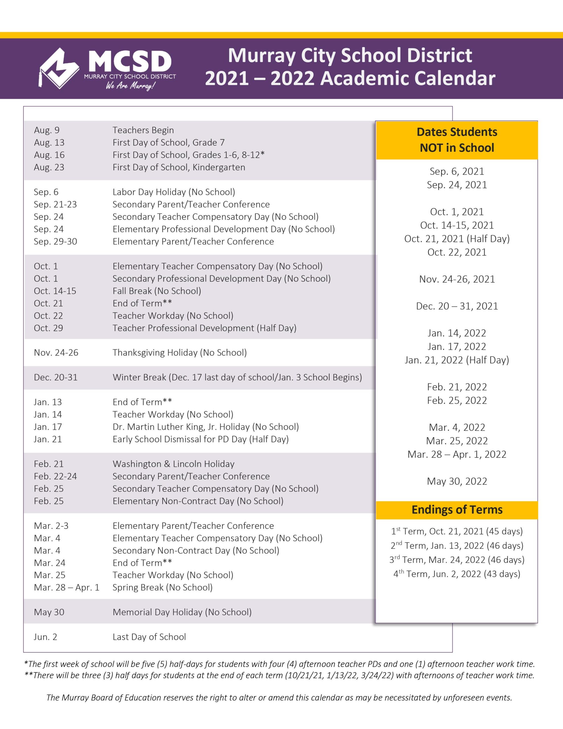 Mcsd Academic Calendar 2021-2022